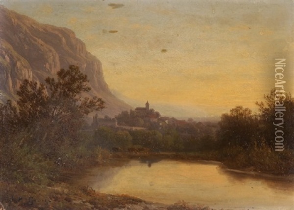 Dorf An Fluss In Abenddammerung Oil Painting - Jean Philippe George-Julliard