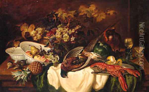 A collection of fruit and game on a table Oil Painting - Ludwig Adam Kunz