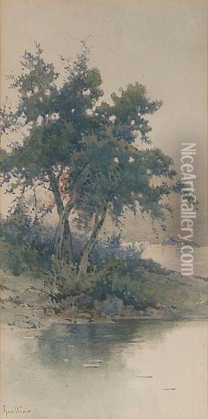 Trees By The Coast, A View Of Corfu Town Beyond Oil Painting - Angelos Giallina
