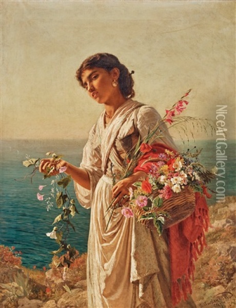 Flower Girl, Scene From Capri Oil Painting - Sophie Anderson