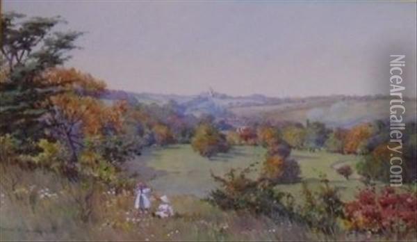 Childrenpicking Wild Flowers In A Summer Landscape Oil Painting - Alice Andrews Edith