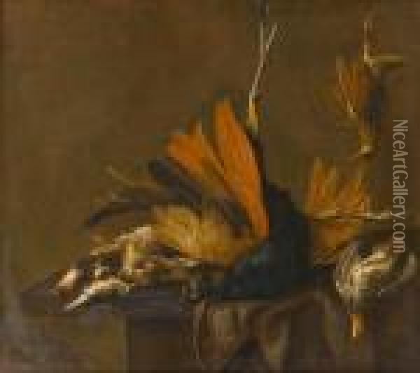 A Peacock, Rabbit, Partridge, Woodcock And Songbirds On A Draped Table Oil Painting - Elias Vonck