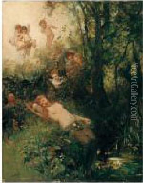Schlafende Nymphe Am Bach (sleeping Nymph) Oil Painting - Carl Gehrts