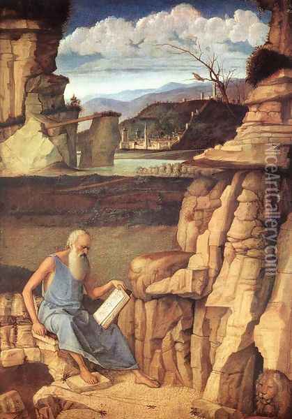St. Jerome Reading in the Countryside Oil Painting - Giovanni Bellini