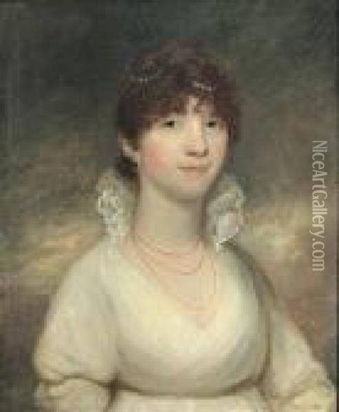 A Portrait Of A Lady In A White Dress, Said To Be Lady Stanhope Oil Painting - Sir William Beechey