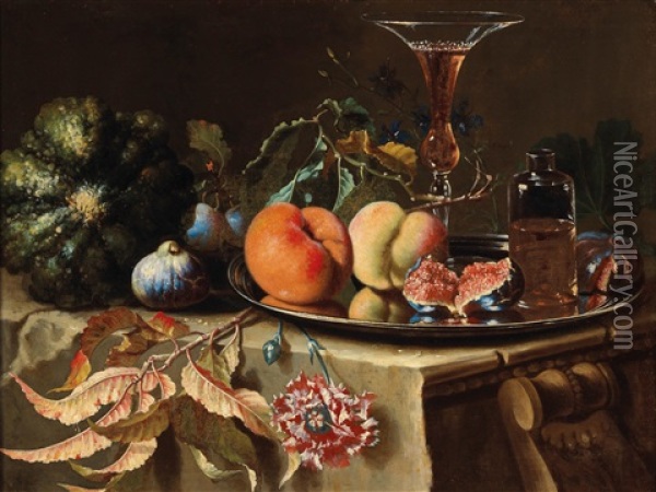 A Still Life Of Fruit And Flowers With A Glass Bottle And A Venetian Glass On A Silver Plate Oil Painting - Christian Berentz