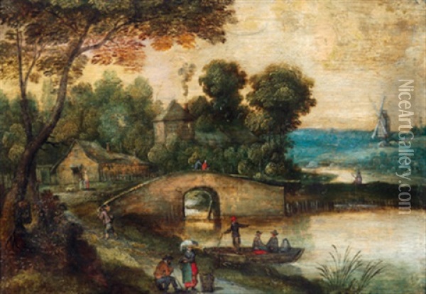 Flusslandschaft Mit Einer Steinernen Brucke, Einem Turm, Einem Bauernhaus, Einer Windmuhle Und Figuren Oil Painting - Ambrosius Brueghel