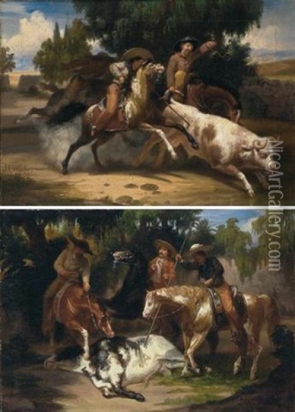 Lanceando Un Toro (+ La Muerte Del Toro; Pair) Oil Painting - Juan Urruchi