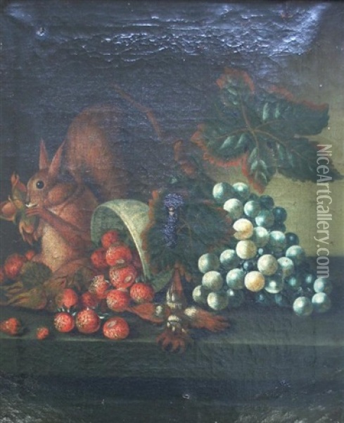 A Squirrel Earing Nuts By A Bowl Of Strawberries And Grapes Oil Painting - William Jones