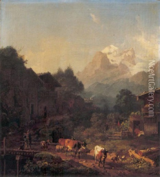 Gebirgsdorf Oil Painting - Heinrich Buerkel