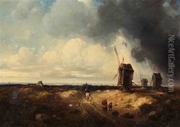 A Storm Coming Up. Coastal Landscape With Windmills And People On A Road Oil Painting - Francois Joseph Dupressoir