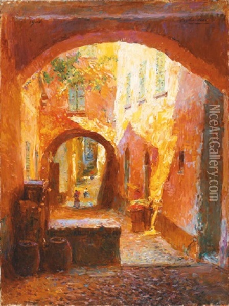Une Rue En Provence Oil Painting - Julien Gustave Gagliardini