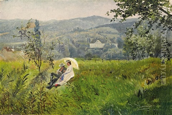Sommerliche Landschaft Mit Rastendem Paar Oil Painting - Johann Hamza