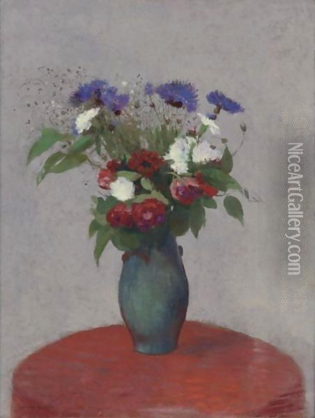 Vase De Fleurs Sur Une Nappe Rouge Oil Painting - Odilon Redon
