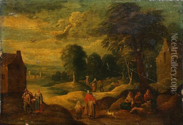 Travellers On The Outskirts Of A Village Oil Painting - Karel Beschey