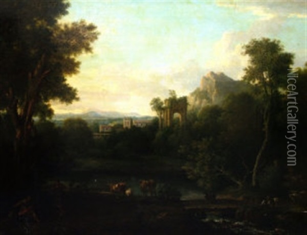 Cattle Drovers By A Stream With Woodland, Ruins And A Village With Mountains In The Distance Oil Painting - Claude Lorrain