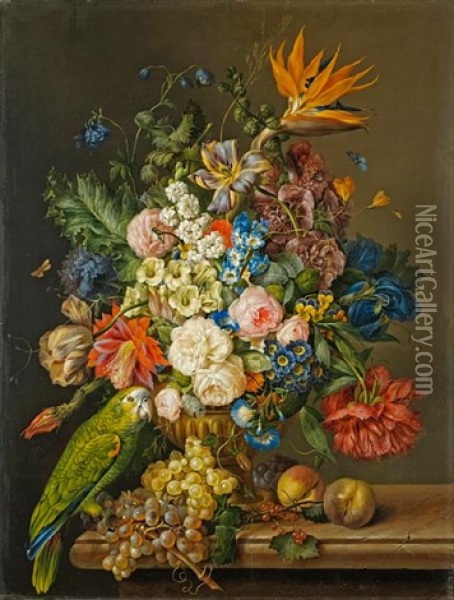 A Still Life Of Roses, Tulips, A Bird Of Paradise, And Other Flowers In An Urn, Beside A Green Parrot, Grapes And Peaches On A Marble Ledge (+ Another; Pair) Oil Painting - Franz Xaver Petter