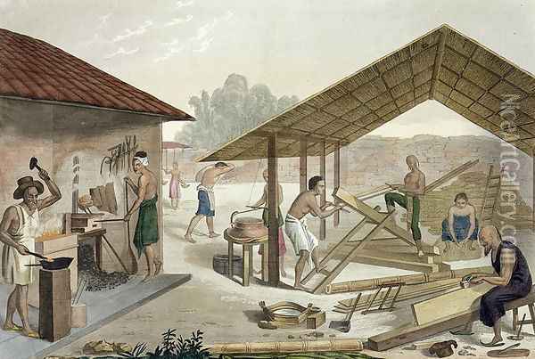 Carpentry Workshop in Kupang, Timor, plate 6 from 'Le Costume Ancien et Modern', 1820-30s Oil Painting - Francesco Citterio
