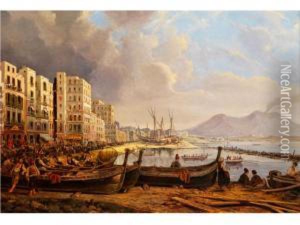 Die Marinella-kuste In Napoli Mit Hoher
Hauserzeile Links Am Ufer Oil Painting - Pieter Van Loon