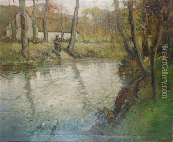 By The River Oil Painting - George Ames Aldrich
