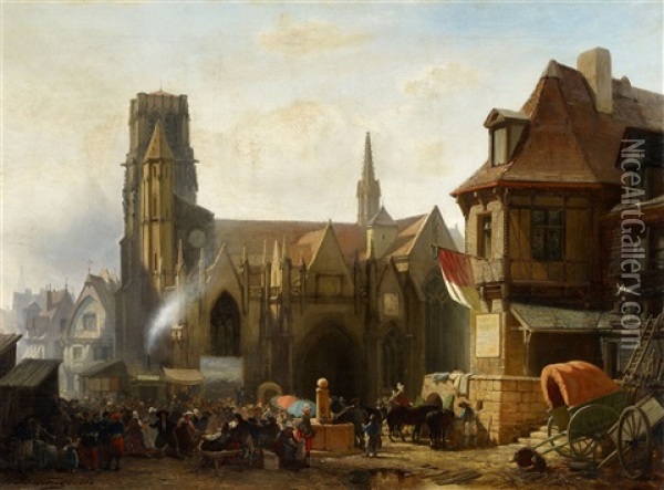 Town Fair By A Gothic Church In France Oil Painting - Albert Schwendy