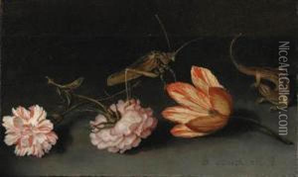 Carnations, A Parrot Tulip, A Grasshopper And A Lizard On Aledge Oil Painting - Balthasar Van Der Ast