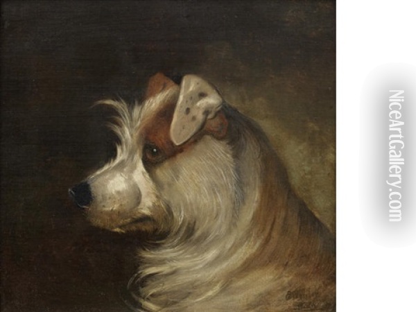 A Brown And White Terrier Oil Painting - Alfred Wheeler