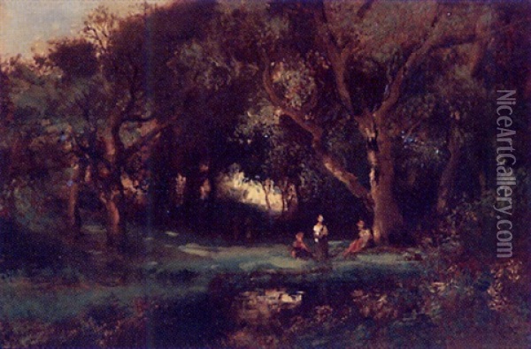 Figures In Oak Glade Landscape Oil Painting - William Keith