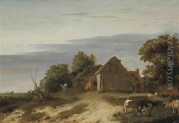 A Pastoral Landscape With Figures Milking Cows In A Farmhouse Yard, A Church Beyond Oil Painting - Abraham Bloemaert
