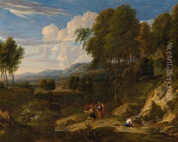 Paysage Italianisant Avec Personnages Pres D'une Source Et Un Monument Antique Oil Painting - Jan Baptiste Huysmans