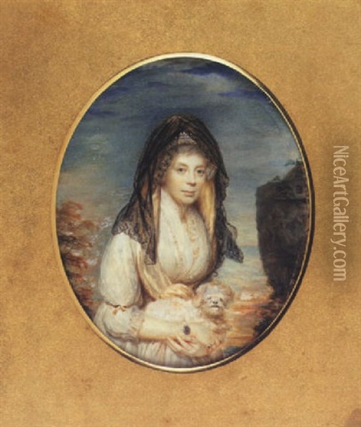 Charlotte Sophia Of Mecklenburg-strelitz Holding A Maltese Lap-dog, Wearing White Dress, Straw Hat With Black Veil, Pearl Choker And Bracelet, Her Hair Powdered Oil Painting - William Grimaldi