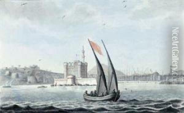 The Castle At The Entrance To The New Harbour Of Alexandria Bearings.e. 65., Near The Castle To The Left Is The Ancient Obelisk Knownby The Name Of Cleopatra's Needle, On The Right Is A Distant Viewof Pompey's Pillar - Taken On Board The Oil Painting - Rev. Cooper Willyams