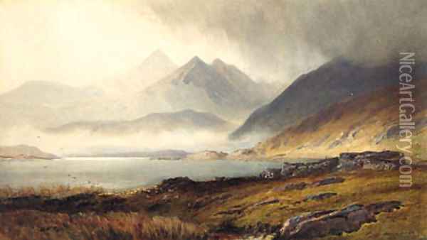 Loch and Broch and Hills in misty background Oil Painting - Henry Andrew Harper