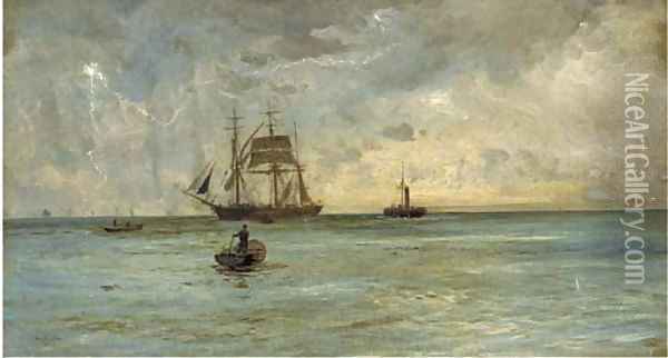 Lightening splitting the sky over a barque and her attendant tug Oil Painting - William Lionel Wyllie