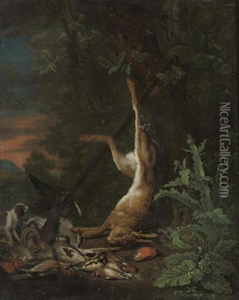 A Dead Hare And Other Game With A
 Pointer And A Rifle, In A Wooded Clearing, By A Thistle Oil Painting - Jan Weenix
