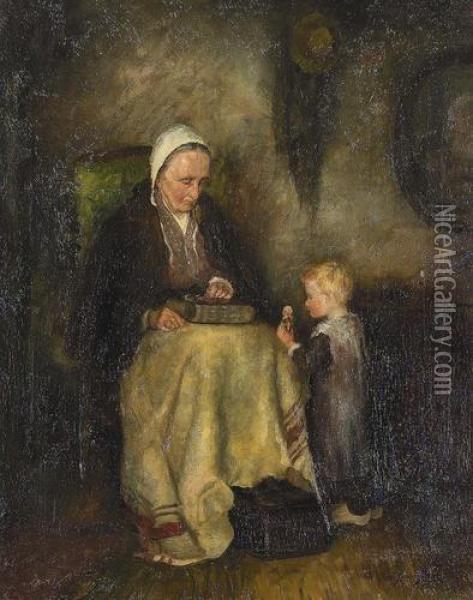 Bauerninterieur Mit Grossmutter Und Kind. Oil Painting - Simon Duiker