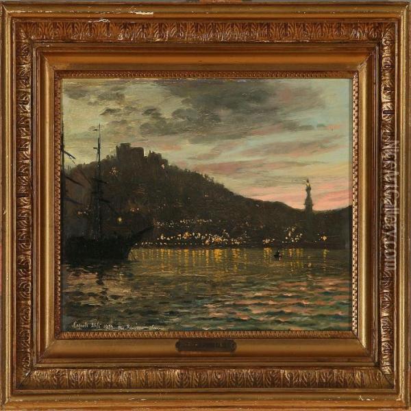 Harbor Scenefrom Naples With Castel San Elma Oil Painting - Christian Benjamin Olsen