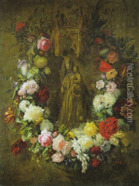 Eine Blumenguirlande Um Eine Gotische Madonnenstatue Oil Painting - Pauline Von Koudelka-Schmerling