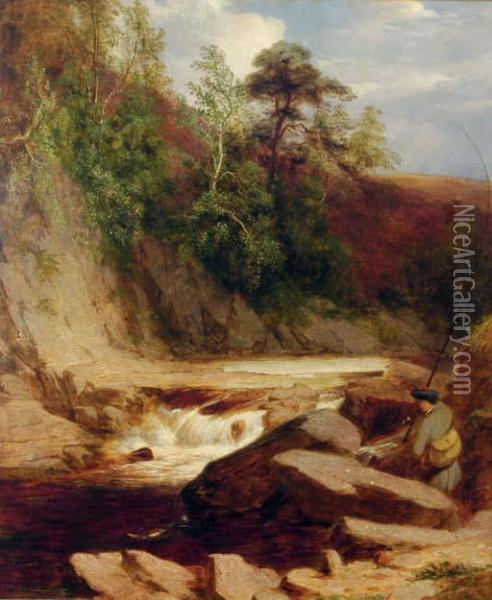 An Angler In A River Landscape Oil Painting - James William Giles