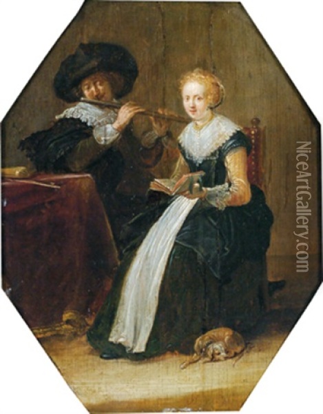 Musizierendes Junges Paar Mit Einem Hundchen Oil Painting - Dirck Hals