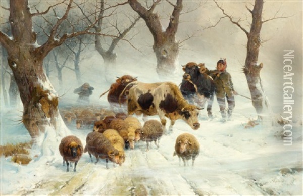 Heimkehrende Herde Oil Painting - Adolf Ernst Meissner