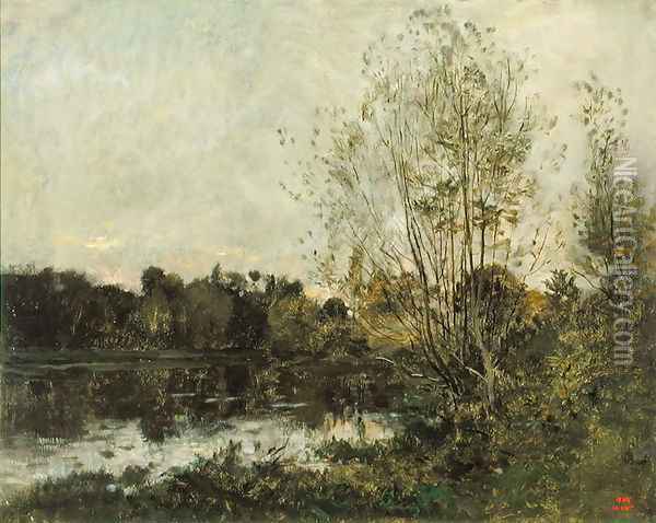 A Lake in the Woods at Dusk, c.1865 Oil Painting - Charles-Francois Daubigny