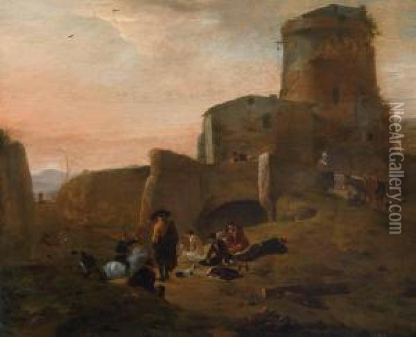 Badende Am Flusufer Vor Ruinen Oil Painting - Thomas Wyck
