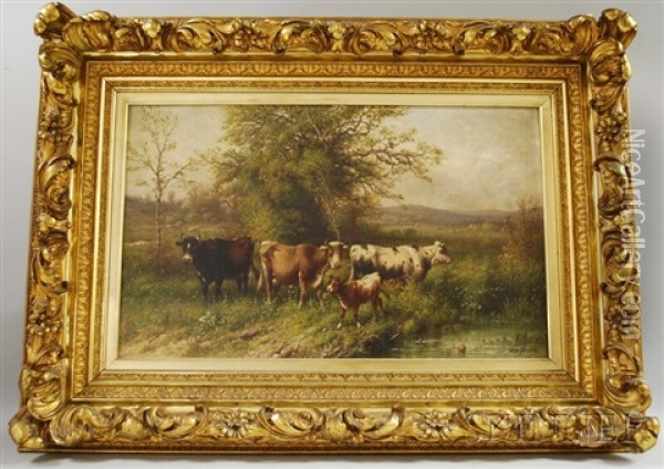 Cows Watering Oil Painting - George Riecke