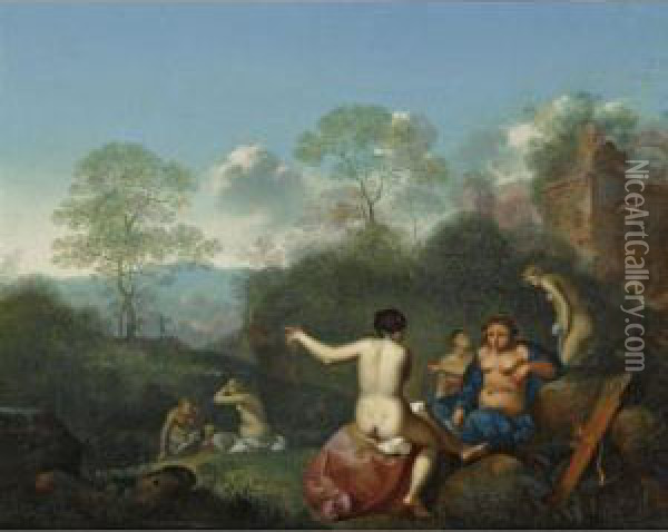 A Mountainous Landscape With Diana And Her Nymphs Resting Near Ruins Oil Painting - Daniel Vertangen