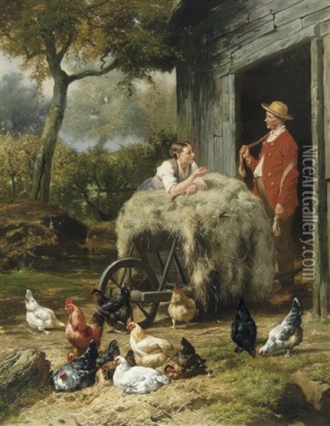 A Conversation In The Yard Oil Painting - Jan David Col