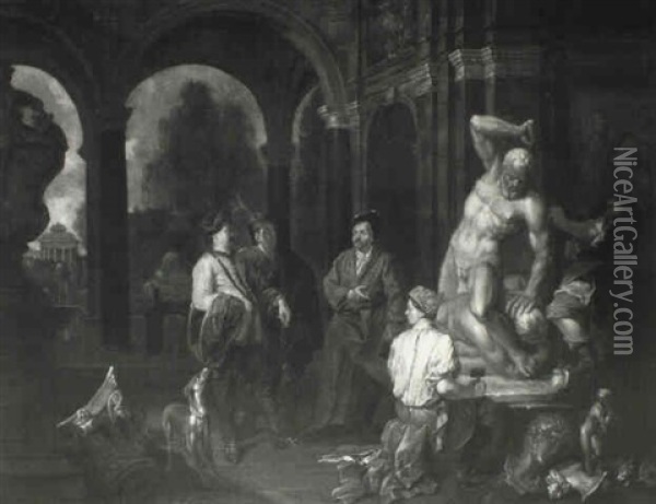 Gentlemen Visiting A Sculptor's Studio Oil Painting - Balthasar Van Den Bossche