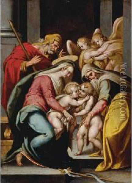 The Holy Family With Saint 
Elizabeth And The Infant Saint John The Baptist, With Two Angels Oil Painting - Bartolomeo Passarotti