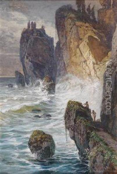 A Mythological Motif With A Faun At Rocky Coast Oil Painting - Georg Janny