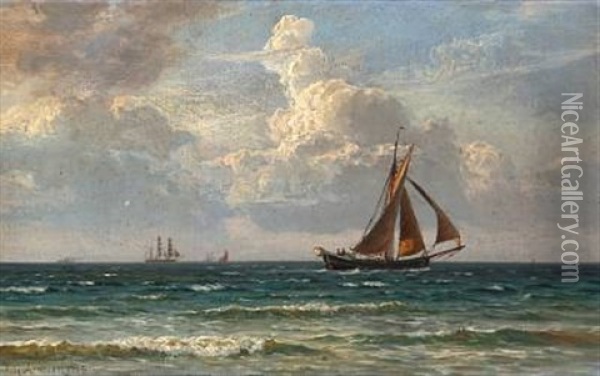 Seascape With Sailing Ships On Open Sea Oil Painting - Vilhelm Karl Ferdinand Arnesen